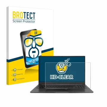 Face avant d’un emballage produit avec le logo de la marque BROTECT. À côté, l’appareil ASUS Vivobook 15 OLED est représenté a