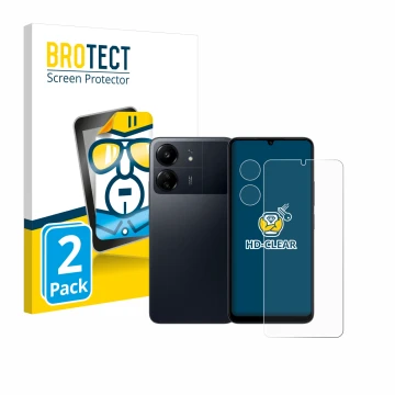Face avant d’un emballage produit avec le logo de la marque BROTECT. À côté, l’appareil Xiaomi Poco C65 (Avant+Caméra) est rep