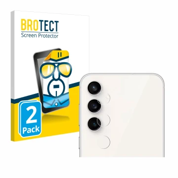 Face avant d’un emballage produit avec le logo de la marque BROTECT. À côté, l’appareil Samsung Galaxy S23 FE (Caméra UNIQUEME