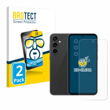 Face avant d’un emballage produit avec le logo de la marque BROTECT. À côté, l’appareil Samsung Galaxy S23 FE (Avant+Caméra) e