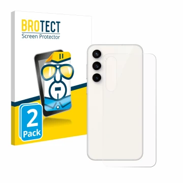Face avant d’un emballage produit avec le logo de la marque BROTECT. À côté, l’appareil Samsung Galaxy S23 FE (Arrière) est re