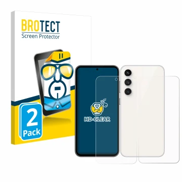 Face avant d’un emballage produit avec le logo de la marque BROTECT. À côté, l’appareil Samsung Galaxy S23 FE (Avant+Arrière) 