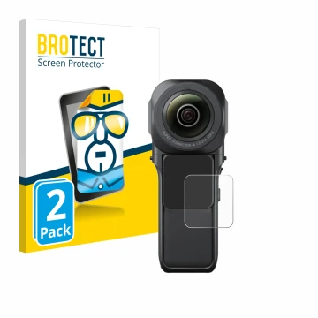 Face avant d’un emballage produit avec le logo de la marque BROTECT. À côté, l’appareil Insta360 One RS 1-Zoll 360 est représe