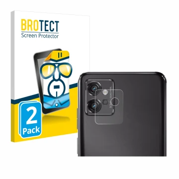 Face avant d’un emballage produit avec le logo de la marque BROTECT. À côté, l’appareil Motorola Moto G32 (Caméra UNIQUEMENT) 