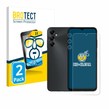 Face avant d’un emballage produit avec le logo de la marque BROTECT. À côté, l’appareil Samsung Galaxy A05s (Avant+Caméra) est