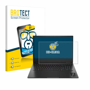 Face avant d’un emballage produit avec le logo de la marque BROTECT. À côté, l’appareil HP Omen 16 2024 est représenté avec la
