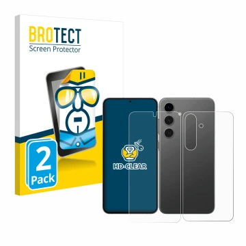 Face avant d’un emballage produit avec le logo de la marque BROTECT. À côté, l’appareil Samsung Galaxy S24 (Avant+Arrière) est