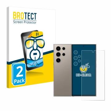 Face avant d’un emballage produit avec le logo de la marque BROTECT. À côté, l’appareil Samsung Galaxy S24 Ultra (case-friendl