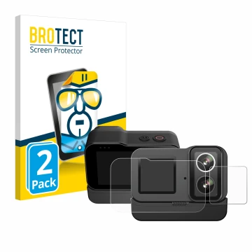 Face avant d’un emballage produit avec le logo de la marque BROTECT. À côté, l’appareil SJCAM SJ20 Dual Lens est représenté av