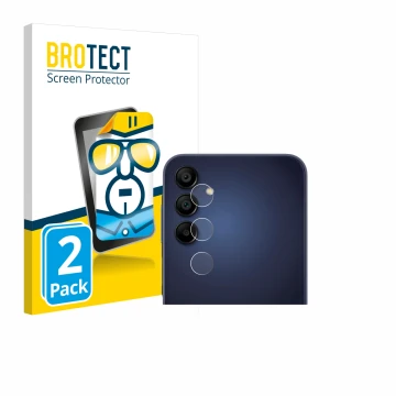 Face avant d’un emballage produit avec le logo de la marque BROTECT. À côté, l’appareil Samsung Galaxy A15 (Caméra UNIQUEMENT)