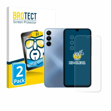 Face avant d’un emballage produit avec le logo de la marque BROTECT. À côté, l’appareil Samsung Galaxy A15 5G (Avant+Caméra) e