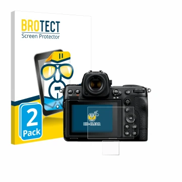 Face avant d’un emballage produit avec le logo de la marque BROTECT. À côté, l’appareil Nikon Z 8 (Affichage + affichage des é
