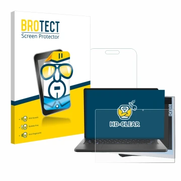 Face avant d’un emballage produit avec le logo de la marque BROTECT. À côté, l’appareil ASUS ROG Zephyrus G14 2024 GA403 est r