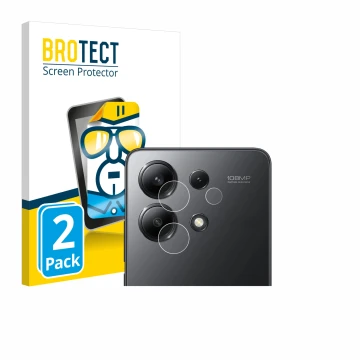 Face avant d’un emballage produit avec le logo de la marque BROTECT. À côté, l’appareil Xiaomi Redmi Note 13 (Caméra UNIQUEMEN