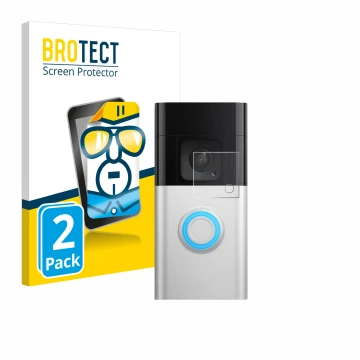 Face avant d’un emballage produit avec le logo de la marque BROTECT. À côté, l’appareil Ring Video Doorbell Plus est représent