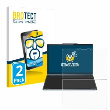 Face avant d’un emballage produit avec le logo de la marque BROTECT. À côté, l’appareil Lenovo Yoga Book 9i Gen 9 est représen