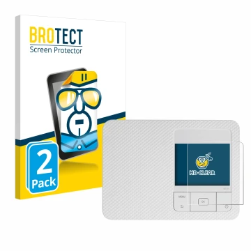 Face avant d’un emballage produit avec le logo de la marque BROTECT. À côté, l’appareil Canon Selphy CP1500 est représenté ave