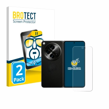 Face avant d’un emballage produit avec le logo de la marque BROTECT. À côté, l’appareil OnePlus Open (case-friendly) est repré