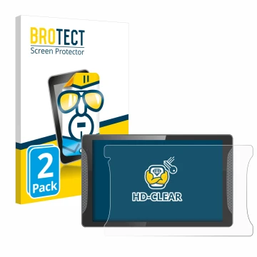 Face avant d’un emballage produit avec le logo de la marque BROTECT. À côté, l’appareil Logicom Multimedia Stand Pro est repré