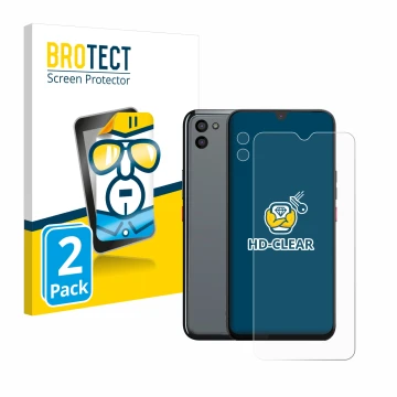 Face avant d’un emballage produit avec le logo de la marque BROTECT. À côté, l’appareil Gigaset GS5 PRO SE (Avant+Caméra) est 
