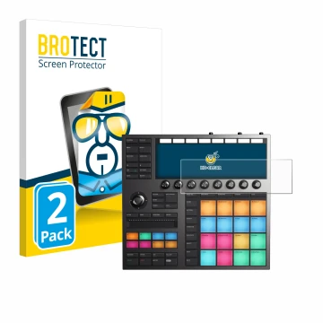 Face avant d’un emballage produit avec le logo de la marque BROTECT. À côté, l’appareil Native Instruments Maschine + est repr