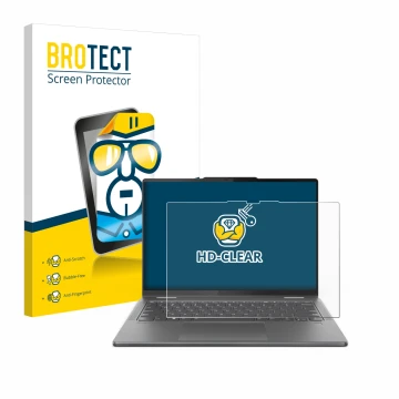 Face avant d’un emballage produit avec le logo de la marque BROTECT. À côté, l’appareil Lenovo Yoga 7 2-in-1 Gen 9 14