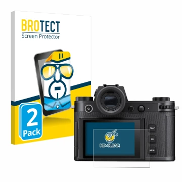 Face avant d’un emballage produit avec le logo de la marque BROTECT. À côté, l’appareil Leica SL3 est représenté avec la prote