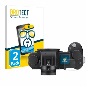 Face avant d’un emballage produit avec le logo de la marque BROTECT. À côté, l’appareil Leica SL3 (affichage des épaules) est 