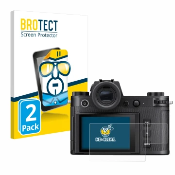 Face avant d’un emballage produit avec le logo de la marque BROTECT. À côté, l’appareil Leica SL3 (Affichage + affichage des é