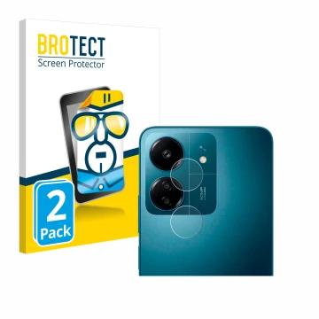 Face avant d’un emballage produit avec le logo de la marque BROTECT. À côté, l’appareil Xiaomi Redmi 13C (Caméra UNIQUEMENT) e