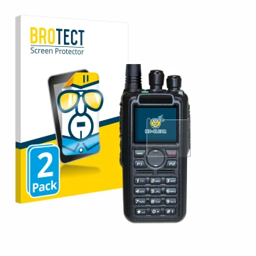 Face avant d’un emballage produit avec le logo de la marque BROTECT. À côté, l’appareil AnyTone AT-D878UV II Plus est représen