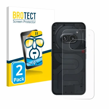 Face avant d’un emballage produit avec le logo de la marque BROTECT. À côté, l’appareil Nothing Phone (2a) (Arrière) est repré