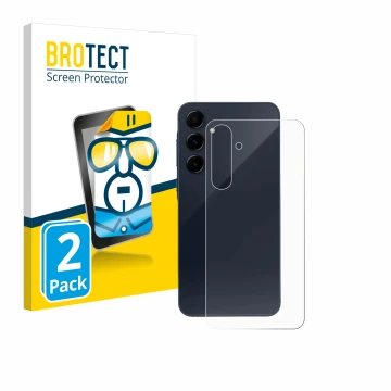 Face avant d’un emballage produit avec le logo de la marque BROTECT. À côté, l’appareil Samsung Galaxy A55 5G (Arrière) est re