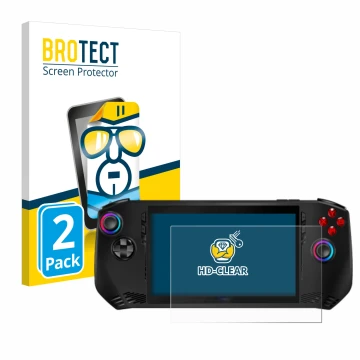 Face avant d’un emballage produit avec le logo de la marque BROTECT. À côté, l’appareil MSI Claw A1M est représenté avec la pr