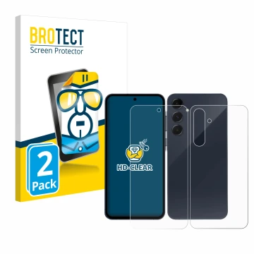 Face avant d’un emballage produit avec le logo de la marque BROTECT. À côté, l’appareil Samsung Galaxy A35 5G (Avant+Arrière) 