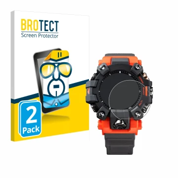 Face avant d’un emballage produit avec le logo de la marque BROTECT. À côté, l’appareil Casio G-Shock GW-9500 est représenté a