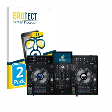 Face avant d’un emballage produit avec le logo de la marque BROTECT. À côté, l’appareil Denon DJ Prime 2 est représenté avec l