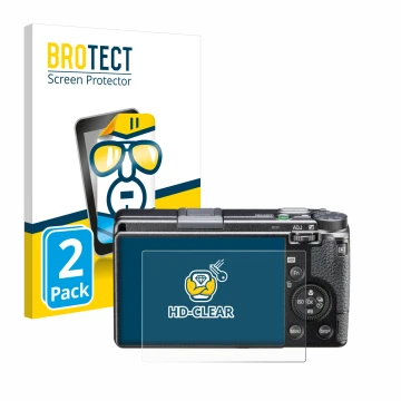 Face avant d’un emballage produit avec le logo de la marque BROTECT. À côté, l’appareil Ricoh GR IIIx HDF est représenté avec 