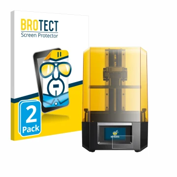Face avant d’un emballage produit avec le logo de la marque BROTECT. À côté, l’appareil Anycubic Photon Mono M5s est représent