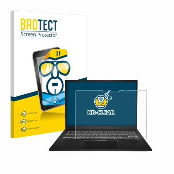 Face avant d’un emballage produit avec le logo de la marque BROTECT. À côté, l’appareil MSI Summit E16 AI Studio est représent