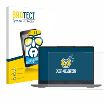 Face avant d’un emballage produit avec le logo de la marque BROTECT. À côté, l’appareil Lenovo IdeaPad 5 2-in-1 14AHP9 est rep