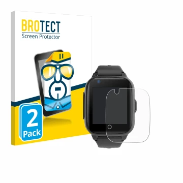 Face avant d’un emballage produit avec le logo de la marque BROTECT. À côté, l’appareil Leotec Kids Allo Plus 4G est représent