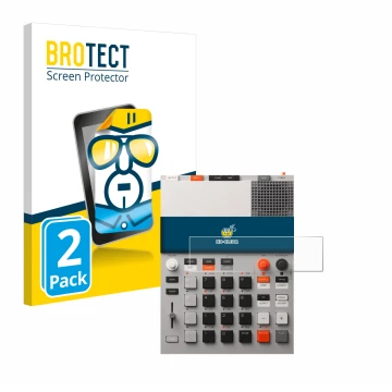 Face avant d’un emballage produit avec le logo de la marque BROTECT. À côté, l’appareil Teenage Engineering EP-133 K.O. II est