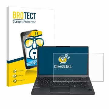 Face avant d’un emballage produit avec le logo de la marque BROTECT. À côté, l’appareil Fujitsu Lifebook U9312 est représenté 