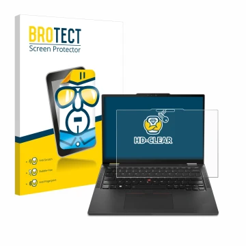 Face avant d’un emballage produit avec le logo de la marque BROTECT. À côté, l’appareil Lenovo ThinkPad X13 2-in-1 Gen 5 est r