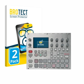 Face avant d’un emballage produit avec le logo de la marque BROTECT. À côté, l’appareil Elektron Syntakt E25 Remix Edition est