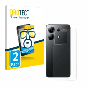 Face avant d’un emballage produit avec le logo de la marque BROTECT. À côté, l’appareil Xiaomi Redmi Note 13 4G (Arrière) est 