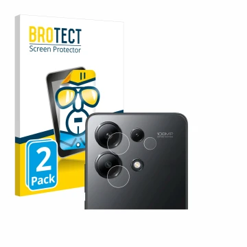 Face avant d’un emballage produit avec le logo de la marque BROTECT. À côté, l’appareil Xiaomi Redmi Note 13 4G (Caméra UNIQUE