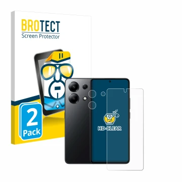 Face avant d’un emballage produit avec le logo de la marque BROTECT. À côté, l’appareil Xiaomi Redmi Note 13 4G (Avant+Caméra)