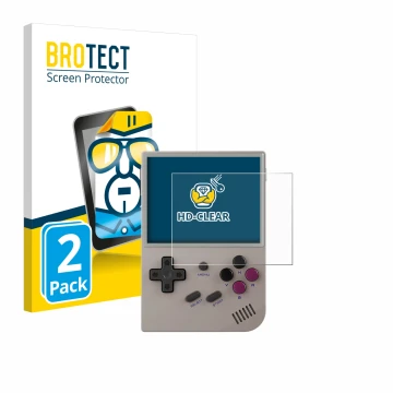 Face avant d’un emballage produit avec le logo de la marque BROTECT. À côté, l’appareil Anbernic RG35XX Plus est représenté av